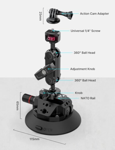 Ulanzi SC-02 Heavy-Duty Suction Cup Mount for Camera/Accessory (4.5"), Pump-actived Vacuum Camera Suction Cup Mount for Action Cameras w Quick Release NATO Magic Arm Car Boat Windshield Window Mount - Image 6