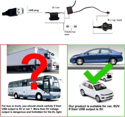 El Wire Ice Blue Interior Car LED Strip Lights, 5M Neon Wire USB 5V with Fuse Protection for Automotive Interior Decoration, with 6mm Sewing Edge - Image 5