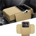 Mandark Car Center Console Armrest Pillow, Leather Memory Foam Auto Arm Rest Box Cover with Storage Bag, Waterproof Automotive Interior Elbow Protector Accessories, Universal Fit (Beige)
