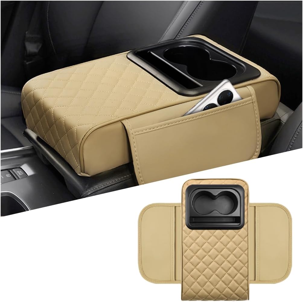 61bSc8uQEEL._AC_SL1200_.jpg Mandark Car Center Console Armrest Pillow, Leather Memory Foam Auto Arm Rest Box Cover with Storage Bag, Waterproof Automotive Interior Elbow Protector Accessories, Universal Fit (Beige) - Image 1