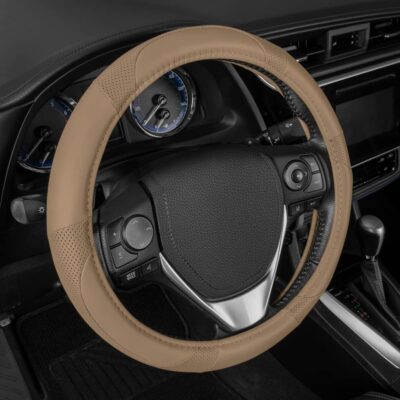 Motor Trend Perforated Microfiber Leather Steering Wheel Cover for Cars Trucks SUVs Vans, Sporty Racing Improved Grip Anti-Fatigue Ergonomic Design, Airbag Compatible - Fits Standard 15" Inch - Beige - Image 2