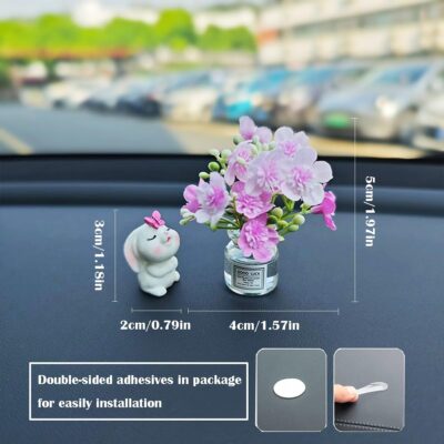 Generic Set of 2 Cute Mini Bunny and Peach Blossom in Flower Vase Car Rearview Mirror Ornaments Funny Dashboard Decorations Kawaii Car Interior Accessories for Women Gifts - Image 5