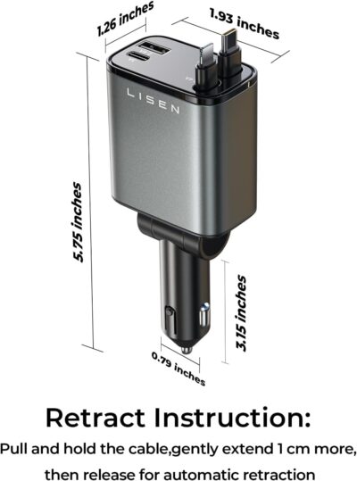 LISEN Retractable Car Charger, Gifts for Him Her, Cars Adapter USB C Fast Charger, gifts for Mothers Day Travel Essentials Car Accessories for Men Women Gifts for iPhone 17 16 15 14 13 11, Samsung S26 - Image 8