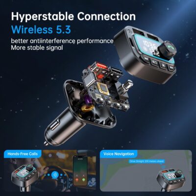 Bluetooth 5.3 Car Adapter FM Transmitter, 42W (PD30W & 12W) USB C Car Charger Wireless Radio Receiver, Hands-Free Calling MP3 Audio Player Cars Kit, Light Switch & Fast Charging & Deep Bass (Black) - Image 6