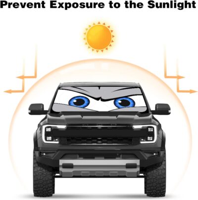 Car Windshield Sun Shade, Funny Eyes Sun Visor, Wear-Resistant Black Tape, Foldable 59‘’x27.5‘’/63''x31.5'' - Image 4
