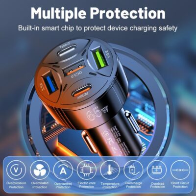 Super Fast Charging USB-C Car Charger Adapter, 65W 5-in-1 Multi-Port PD30W & QC3.0 Cigarette Lighter USB Charger for iPhone/Android/Samsung/iPad Pro (Black) - Image 3