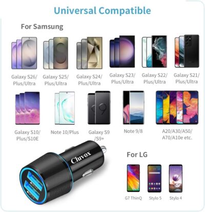 Fast USB Car Charger for Samsung Galaxy A56/A55/A54/A53/A50/A17/A16/A15/A14/S26/S25/S24/S23/S22/S21 Plus/Ultra/Note 20/A21/A31/A51 Quick Charge 3.0 Dual USB Rapid Car Charger with Type C Cable 3.3ft - Image 4