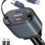 Retractable Car Charger for 4 in 1 Fast Charging Max 80W【2 Type-C Charging Cable】 for iPhone16 15/Galaxy,USB-A/C Port for iPhone16/15/14/13/Pro Max Plus,iPad,AirPods,PD 3.0 Cord