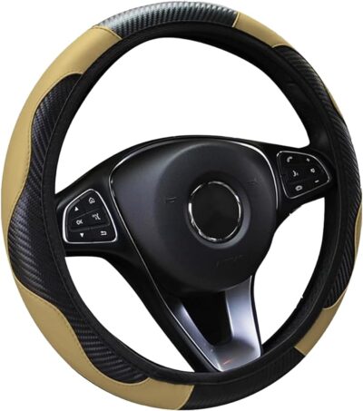 Car Steering Wheel Cover, 15 inch Carbon Fiber Microfiber Anti-Slip Breathable PU Leather Elastic Steering Wheel Protector, Car Interior Accessories for Most Cars (Beige) - Image 2
