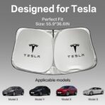 300T Sunshade for Tesla Model Y Model 3, Car Accessories 2026 for Tesla, Front Window Sunshade with Organizer Bag, Gifts for Tesla Owners - Image 3