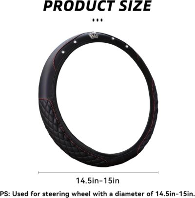 Bling Car Steering Wheel Cover, Diamond Leather Crystal Rhinestones Vehicles Steering Wheel Protector, Sparkling Anti-Slip Automotive Interior Decoration Accessories, Universal Fit (Black) - Image 2