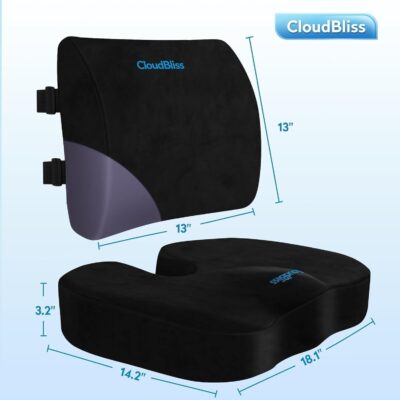 CloudBliss Lumbar Support Pillow & Seat Cushion Set for Office Chair, Desk Chair, Wheelchair & Car – Memory Foam Back Support, Ergonomic Chair Cushions, Sciatica Pain Relief, Home Essentials, Black - Image 2