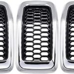 Compatible with 2014-2018 Jeep Cherokee 4-Door Grille Grill Cover Trim Insert Kit 7pcs (Black Mesh Grille + Chrome Moulding Trim)