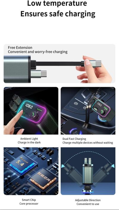 3 in 1 Retractable Car Charger Adapter & FM Transmitter Bluetooth Mp3 Player- Max 65W + 18W with 2 PD Fast Charging,2 Retractable Cables & USB-A Music Playback for iPhone,iPad,Samsung,Pixel - Image 7