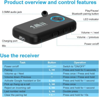 1Mii Bluetooth 5.3 Music Receiver for Car/Home Stereo, Aux Bluetooth Adapter for Car with Volume Control Supports Hands Free Calls, 16H Battery Life - Image 7