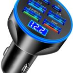 Super Fast Charge USB C Car Phone Charger Adapter 6 in 1 with Voltage Display 250W Multi Port Cigarette Lighter USB Charge for iPhone 16 15 14 13 12 11 Samsung Galaxy Huawei Oneplus Oppo Vivo
