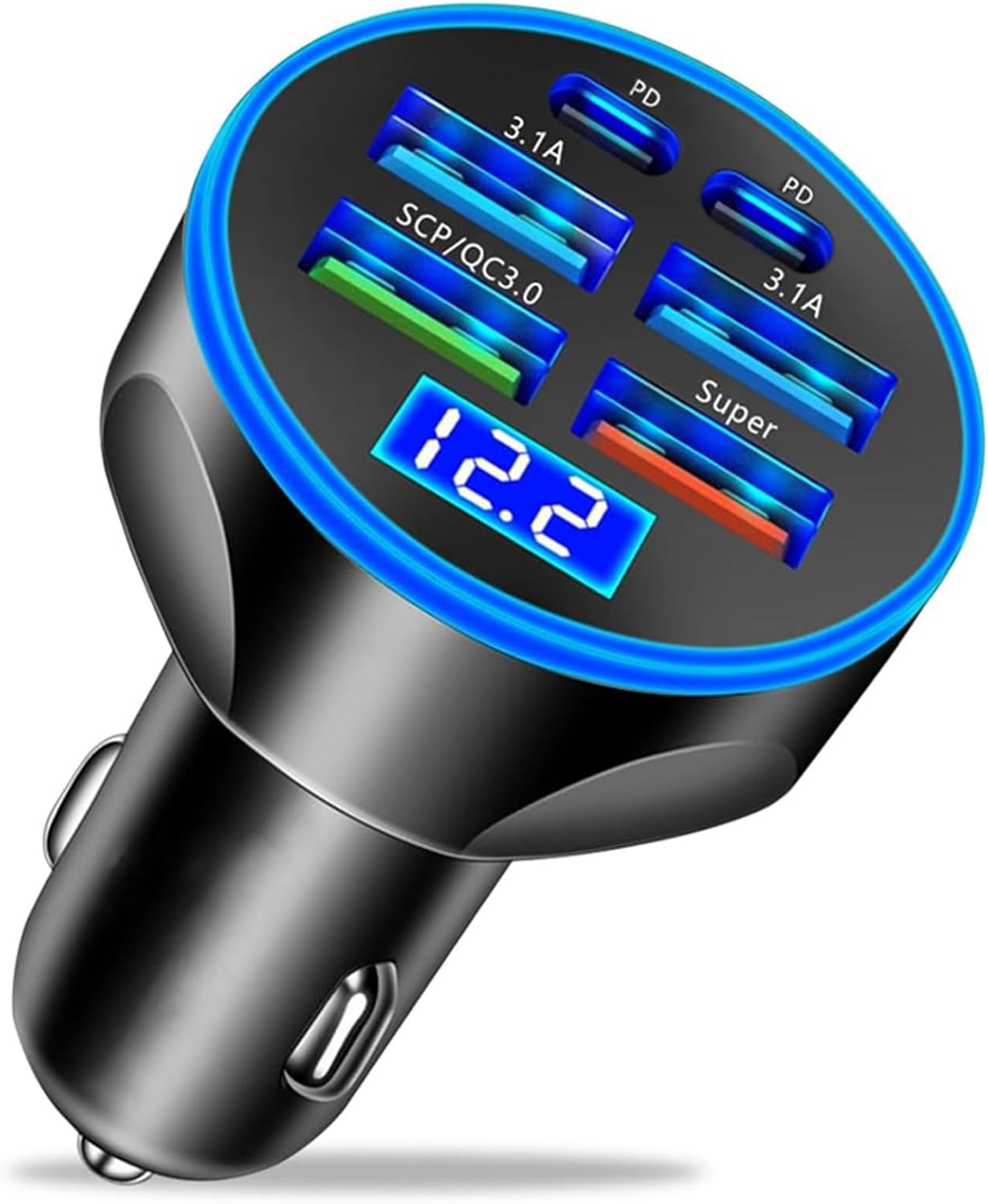 61gVxJTOcCL._AC_SL1500_.jpg Super Fast Charge USB C Car Phone Charger Adapter 6 in 1 with Voltage Display 250W Multi Port Cigarette Lighter USB Charge for iPhone 16 15 14 13 12 11 Samsung Galaxy Huawei Oneplus Oppo Vivo - Image 1