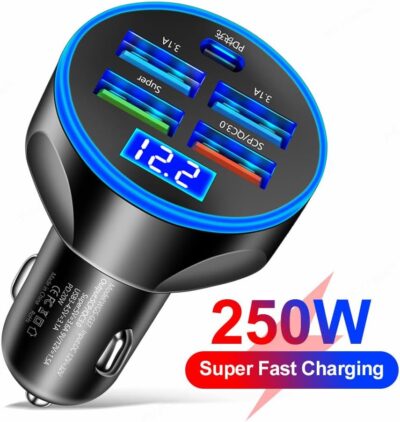 5-in-1 Multi-Port USB C Car Phone Charger with Voltage Display, 250W Super Fast Charge Cigarette Lighter USB Charger for iPhone/Android/Samsung/iPad Pro and More (Black) - Image 7