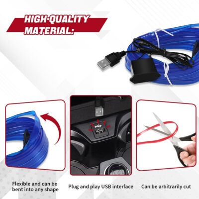 EL Wire Interior Car LED Strip Lights, 16.4FT RGB USB Neon Automotive Light Strip, Electroluminescent Vehicle Ambient Lighting Kit, Interior Decoration Car Accessories (Blue) - Image 5