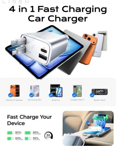 LISEN White Retractable Car Charger, for Gifts for Him Her, for iPhone 17, Cute 4 in 1 Retractable USB C Car Charger for Women, 75W Fast Charging Car Accessories for iPhone & Samsung S26 & Android - Image 6