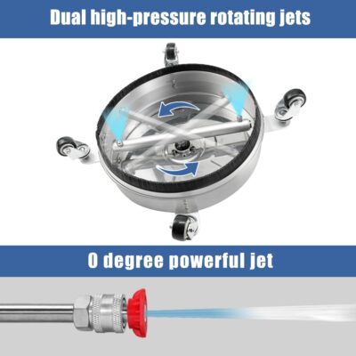 janz 14" Pressure Washer Surface Cleaner with 4 Wheels, Stainless Steel Housing, 1/4" Quick Plug, 2 Extension Wands, 2 Replacement Nozzles and 3 Spray Nozzles, 4000 PSI - Image 4