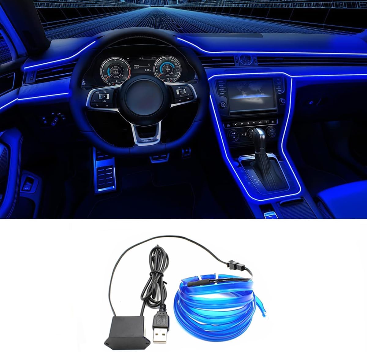 61iFCmjZ44L._AC_SL1200_.jpg EL Wire Interior Car LED Strip Lights, 16.5FT USB Neon Glowing Strobing El Wire Strip with 6mm Sewing Edge, Ambient Lighting Kits for Car Inside Decorations (Blue) - Image 1