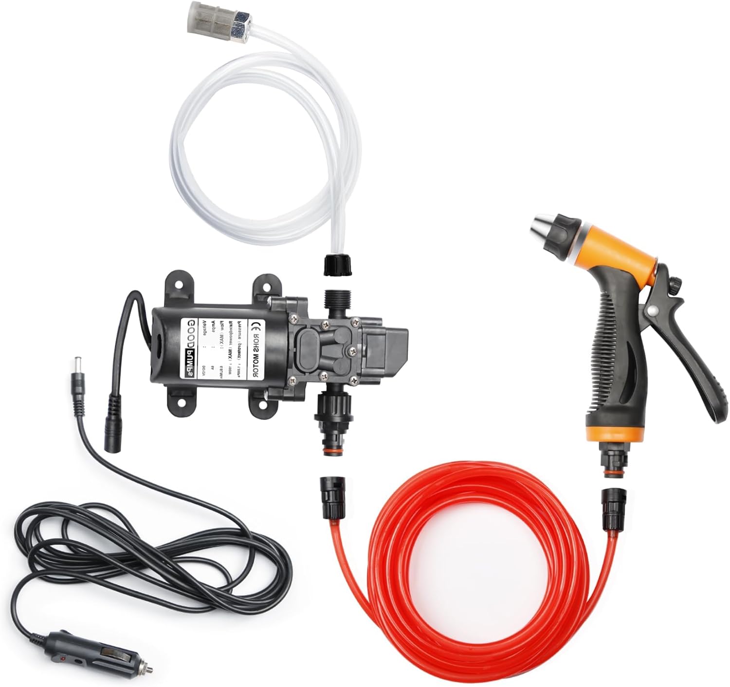 61ibM106zqL._AC_SL1500_.jpg Portable Intelligent Electric Pressure Washer Pump 100W 160 PSI 12V Portable Pressure Powerful Washing Kit with 21.3 Feet PVC Hose for Home, Car, Garden, Projects (100 W-Black Hose) - Image 1