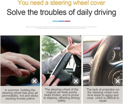 Leather Car Steering Wheel Cover for Men Women, Elastic, Breathable Anti-Slip, Universal 15 inch, (Black1) - Image 5