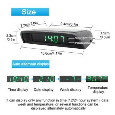 Car Auto Digital Dashboard Clock Small Clocks Solar Powered Stick-On Luminous Time Clock with Temperature LCD Screen Display for Car Interior(Green) - Image 2
