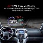 5.5'' HUD Head Display, Windshield Screen Projector Vehicle Speed, Hud Overspeed Alarm, Km/h MPH, OBDII/EUOBD Interface Plug Car Hud Screen - Image 5