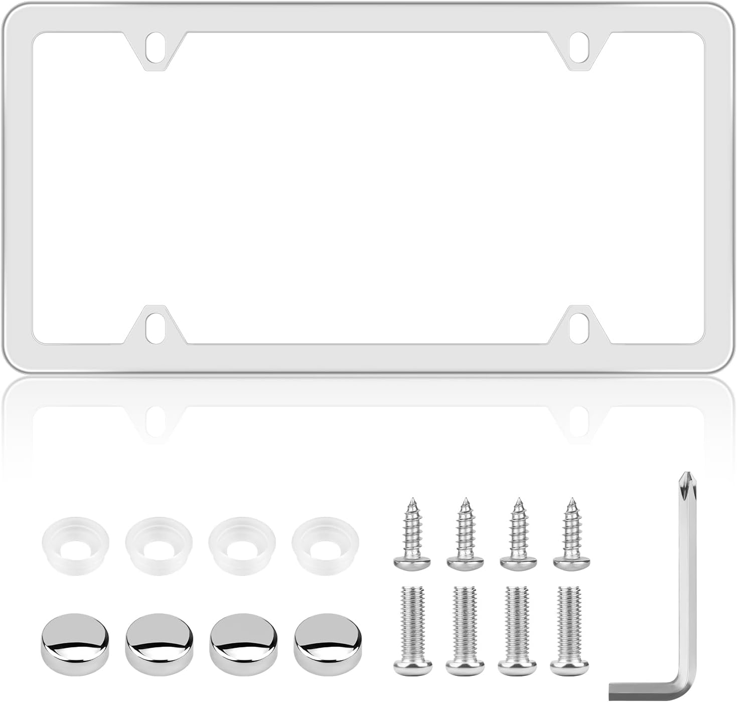 61jku47BxiL._AC_SL1500_.jpg Chrome License Plate Frame Made of Zinc Alloy Metal, Universal Car Accessories,1 Pack License Plate Holder Never Rust and Unbreakable with Metal Screws& Chrome Caps and Screwdriver (1 PCS Silver) - Image 1
