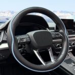 Leather Steering Wheel Cover， with Anti-Slip Stripe Design - Enhanced Grip, Fashion Style, Safe, Non-Slip, Breathable. Upgrade car Interior，Black Blue
