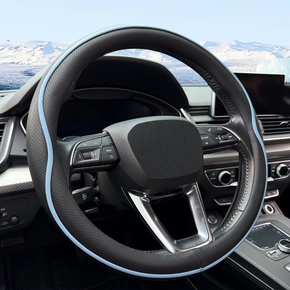 61jrnyDM4L._AC_SL1000_.jpg Leather Steering Wheel Cover, with Anti-Slip Stripe Design - Enhanced Grip, Fashion Style, Safe, Non-Slip, Breathable. Upgrade car Interior,Black Blue - Image 1