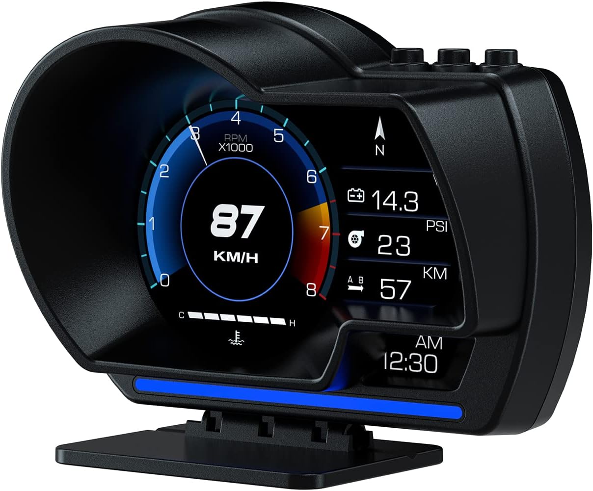 61kIJNWj6L._AC_SL1500_.jpg obd2 Gauge Display Heads up Display for Cars Car HUD Head Up Display P6, OBD+GPS Smart Gauge, obd2 Speedometer with Speed,RMP,Water Temperature,Overspeed Alarm,Works Great for Most Cars - Image 1
