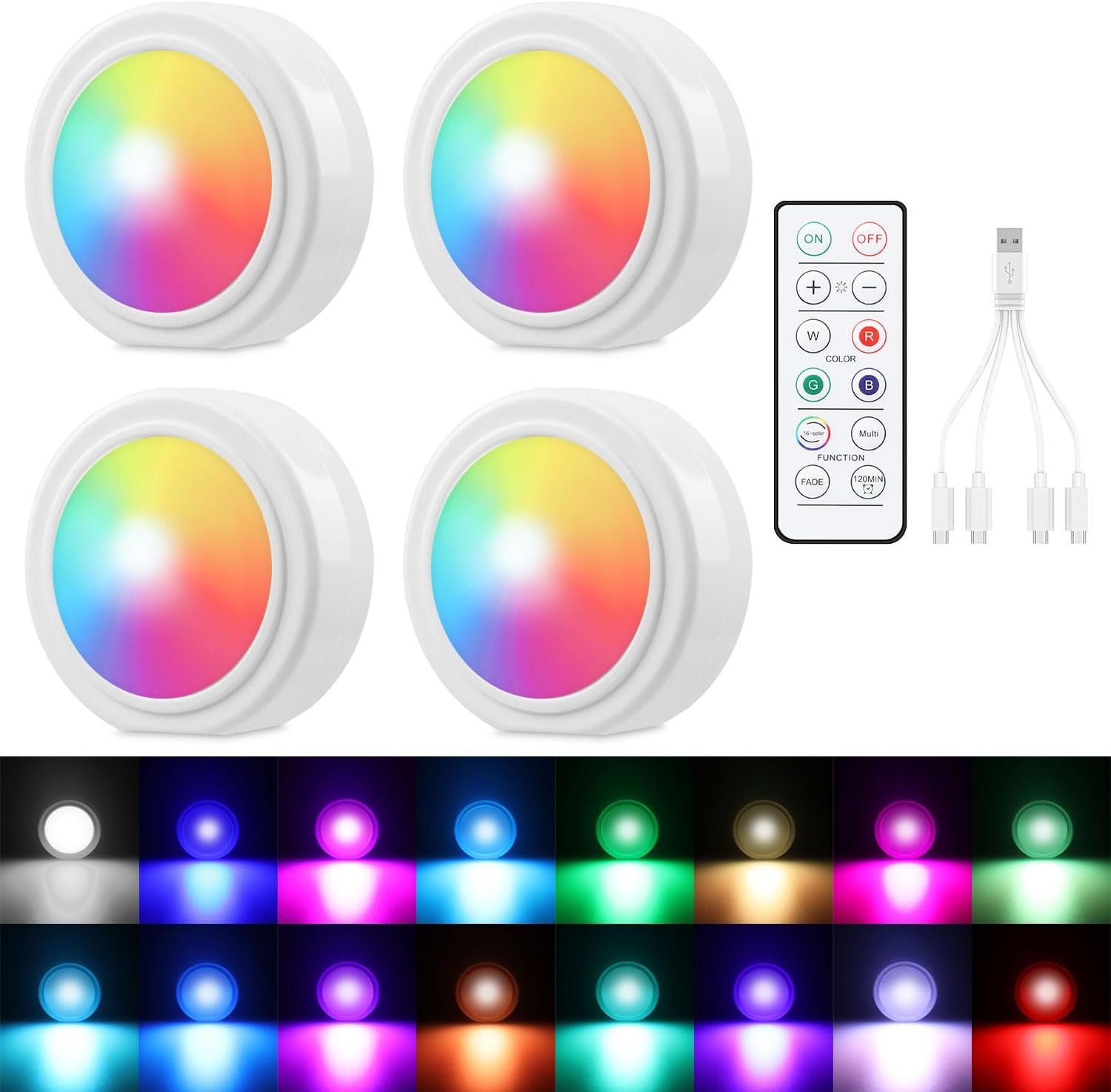 61kbdOaH4bL._AC_SL1500_.jpg 4PCS Wireless Car LED Lights with Remote Control, 16 Colors Interior Car Led Puck Lights, Rechargeable Ambient Lighting Kit with Dimmer & Timer, Inside Night Lamp for Vehicle Home Decoration - Image 1