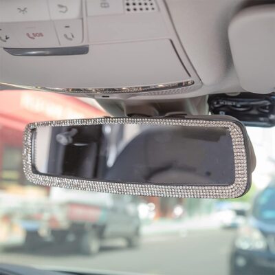 Bling Car Rear View Mirror, Rhinestones Crystal Clip-on Rearview Mirror with HD Glass, Compatible with Most Cars, SUVs, Vehicles, Auto Interior Accessories for Women Girl (White) - Image 7
