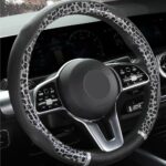 Peach Wood Grain Steering Wheel Cover Anti-Slip Breathable Durable Leather Four Seasons Universal 15 Inch Car Wrap Cover (Leopard-Gray)