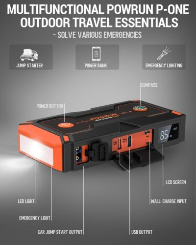 Powrun P-ONE Jump Starter, 2000A Portable Jump Box - Car Jump Starter Battery Pack for up to 8.0L Gas and 6.5L Diesel Engines, 12V Battery Jump Starter with Carry Case (Orange) - Image 6