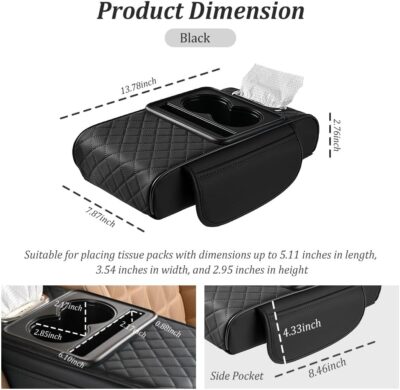 5-in-1 Car Center Console Cover,Multifunctional Arm Rest Cover for Car with Cup Holder,Phone Holder,Pocket,Car Tissue Holder,Leather Height Enhancement Car Armrest Cushion for Most Cars (Black) - Image 2