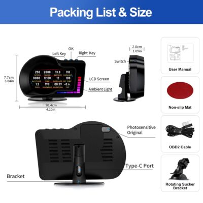 Head Up Display HUD F16 with OBD2 + GPS Dual System Digtial Speedometer, 3.5" IPS Smart Gauge, Speed, Voltage, Engine RPM, OverSpeed Warning, Water Temperature, Turbo Pressure for Cars After 2008 - Image 9