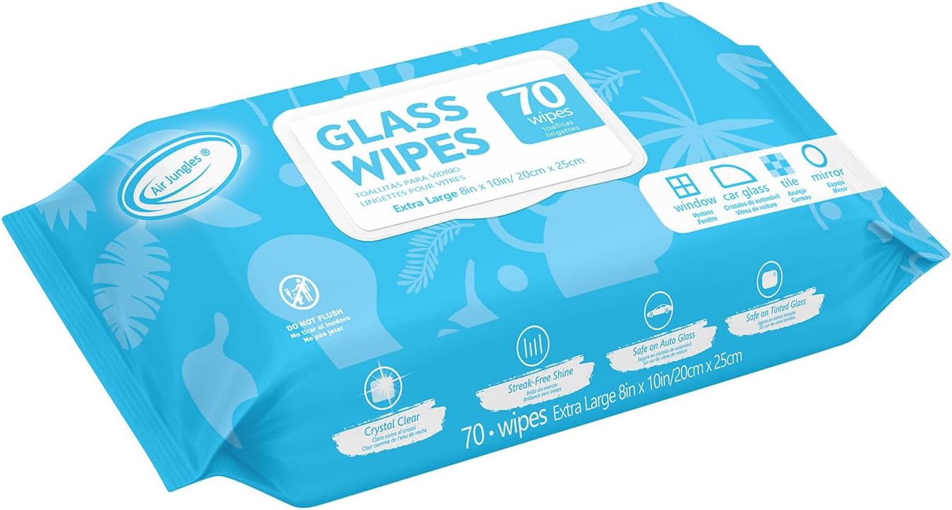 61lfR1CxFNL._AC_SL1500_.jpg Air Jungles Glass and Window Cleaner Wipes 70 Count, Extra Large 8" x 10" Size Cleaning Wipes for Car Windshield, Headlight, Mirror, Tile and Home Glass Surface - Image 1