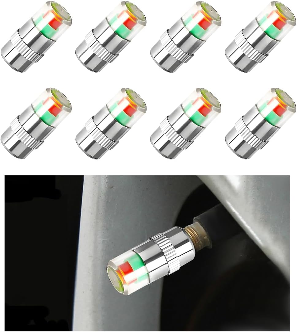 61m7rV417KL._AC_SL1200_.jpg 8 PCS Tire Pressure Monitor Valve Stem Caps, 2.4Bar 36 PSI Tire Pressure Sensor Indicator, 3 Color Eye Alert Pressure Monitoring Valve Stem Cover for Cars Trucks SUVs (Silver) - Image 1