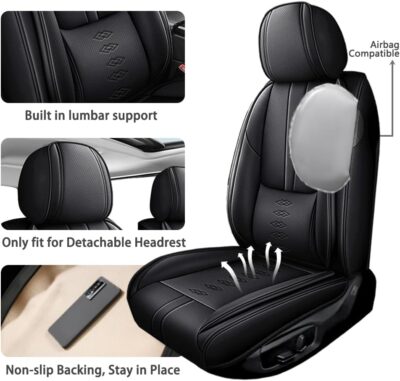 Car Seat Covers for Kia Forte 2010-2026,Waterproof Nappa Leather Car Seat Cover,Soft Seat Cushion Covers with Airbag,Full Coverage Car Seat Covers Sets(Black,2PCS Only) - Image 2