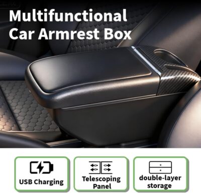 Armrest Box Double Layer Front Center Console Black PU Leather, Universal Car Armrest Box, Central Storage Organizer Box Black, USB Ports for Universal Car - Image 3