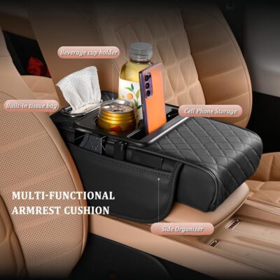 5-in-1 Car Center Console Cover,Multifunctional Arm Rest Cover for Car with Cup Holder,Phone Holder,Pocket,Car Tissue Holder,Leather Height Enhancement Car Armrest Cushion for Most Cars (Black) - Image 4