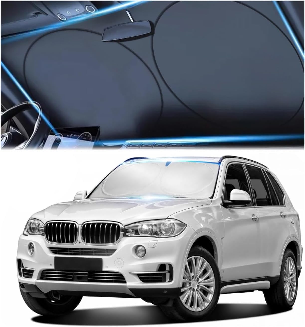 61ngxBG1QoL._AC_SL1500_.jpg Windshield Sun Shade, Reflective Sunshade for Car Windshield with Mirror Cut-Out, Blocks 99% UV Rays & Keeps Vehicle Cool, Fits Cars, Trucks, SUVs & Vans, Fade-Resistant, (Medium) - Image 1