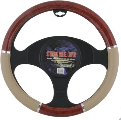 BDK Dark Wood Grain Car Steering Wheel Cover, Standard 15 inch with Beige Faux Leather Grip, Made to Fit Most Auto Truck Van SUV - Image 8