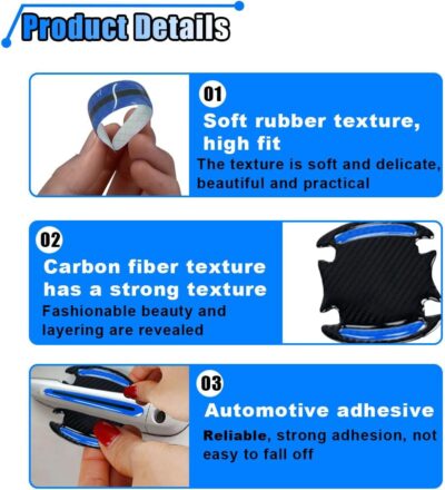 8PCS Reflective Car Door Handle Protector Sticker, Carbon Fiber Auto Door Handle Cup Paint Guard Protective Film, Anti-Scratches Car Door Handle Bowl Sticker, Self-Adhesive & Non-Marking (Blue) - Image 3