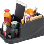 Big Center Console for Cars, Trucks, Minivans, SUVs, with 2 Adjustable Cup Holders for Car, Back Bench and Front Seat or Floor, Universal Center Console Organizer (Black)