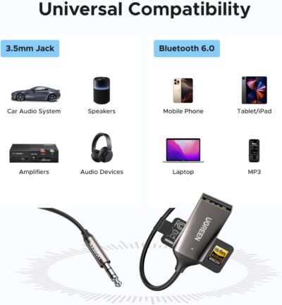 UGREEN Aux to Bluetooth 6.0 Car Adapter with LDAC, 3.5mm Aux Adapter Built-in Microphone, Car Bluetooth Audio Receiver for Hands-Free Calls Compatible with Speaker & Home Audio - Image 5